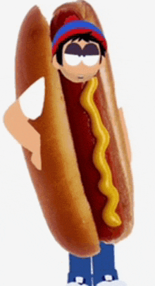 stan marsh from south park is holding a hot dog with mustard on it .