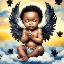 a baby with angel wings is sitting on a cloud praying