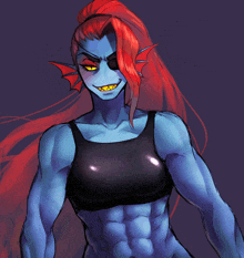 a drawing of a woman with long red hair and blue skin