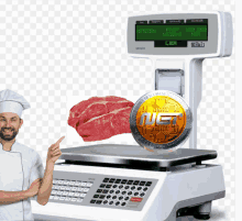 a chef standing next to a scale with a coin that says uet