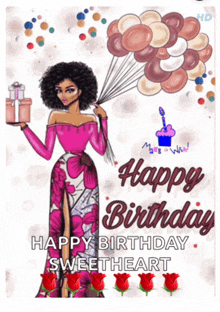 a happy birthday card with a woman holding balloons and a gift