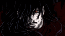 a man with long black hair and red eyes has a mustache