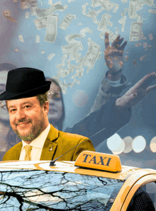 a man in a hat is driving a taxi with money falling from the sky