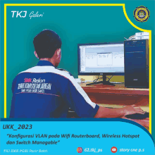 a man sitting in front of a computer with the words tkj galeri on it