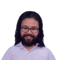 a man with long hair and a beard is wearing glasses and a white shirt