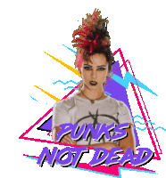 a woman with a mohawk stands in front of a triangle that says punks not dead