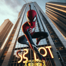 a poster of a spider man in front of a sign that says museum bola