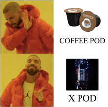 a man in an orange jacket points to a picture of a coffee pod and an x pod