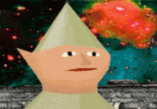 a pixel art drawing of a gnome with a cone on his head