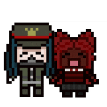 a pixel art drawing of a man and a girl holding hands