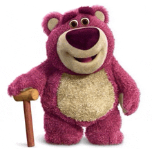 lotso from toy story is a pink teddy bear holding a cane .