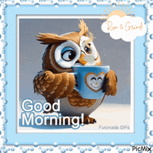a picture of an owl holding a cup with the words good morning written on it