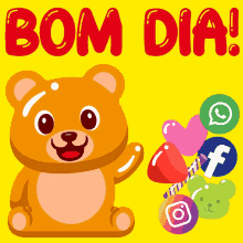 a teddy bear on a yellow background with the words bom dia in red letters