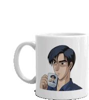 a mug with a picture of a man holding a id