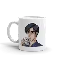 a mug with a picture of a man holding a id