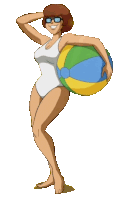 a woman in a bathing suit holds a beach ball