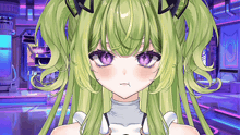 a girl with green hair and purple eyes making a funny face