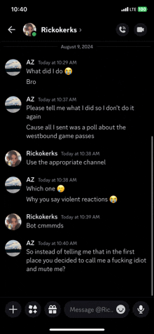 a phone screen shows a conversation with rickokerks on august 9 2024