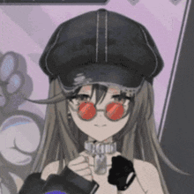 a girl with long hair wearing a hat and red glasses