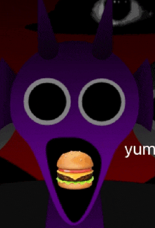 a purple monster with a hamburger in its mouth