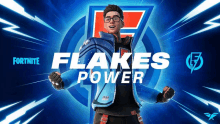 a poster for fortnite flakes power shows a man wearing glasses