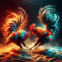 two colorful roosters standing next to each other in the dirt