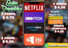 a phone with netflix hbomax and prime video on the screen