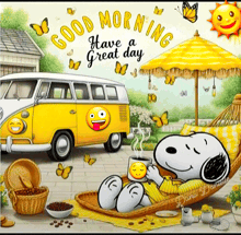 a cartoon of snoopy laying in a hammock with a cup of coffee and the words good morning have a great day above him