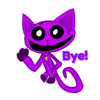 a purple cat is waving with the words bye behind it