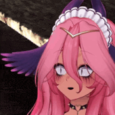 a girl with pink hair and purple horns is wearing a choker