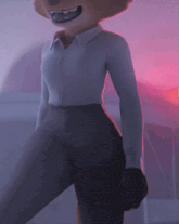 a close up of a cartoon character wearing a white shirt and grey pants