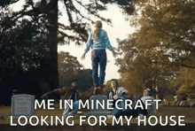 a woman is flying through the air in a cemetery while a group of people are looking for a house .