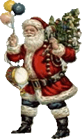 santa claus is holding balloons and a drum and carrying a christmas tree