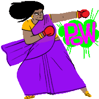 a woman in a purple sari is wearing boxing gloves and throwing a punch