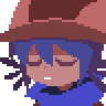 a pixel art of a girl with blue hair wearing a hat .