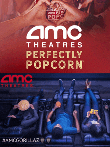 a poster for amc theatres perfectly popcorn shows people eating popcorn