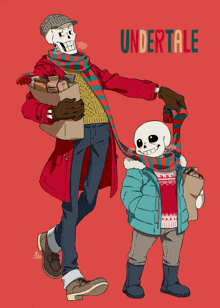 two skeletons are standing next to each other and the word undertale is on the red background