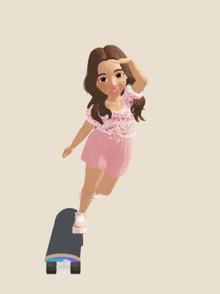 a cartoon girl wearing pink shorts and a pink top is standing on a skateboard