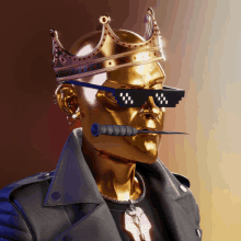 a gold statue wearing a crown and sunglasses holds a knife in his mouth