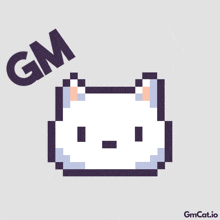 a pixel art of a cat with the word gm below it