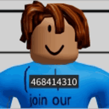 a roblox character is wearing a blue shirt with the number 468414310 on it .