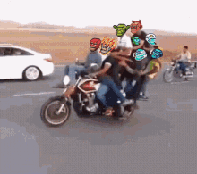 a group of people are riding a motorcycle with a car behind them