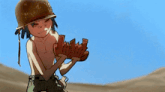 a shirtless cartoon character wearing a helmet and holding a bottle