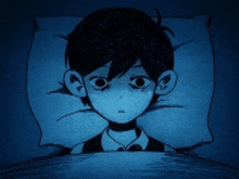 a drawing of a boy laying in bed with a blue pillow