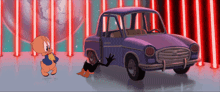 a cartoon of a pig and a duck standing next to a blue car