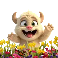 a cartoon monster is standing in a field of flowers with a butterfly