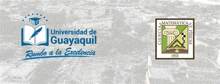 the logo for the universidad de guayaquil is on a white background with a city in the background .