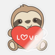 a sticker of a sloth holding a heart with the word love written on it