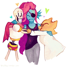 a drawing of a skeleton hugging another skeleton and another skeleton with hearts around them