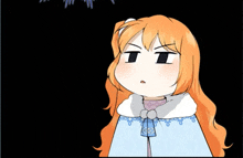 a cartoon girl with long orange hair and a blue cape